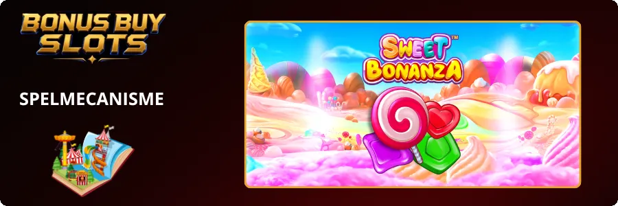 Thema van Sweet Bonanza: snoeplandschap met lolly's en suikerspinwolken
